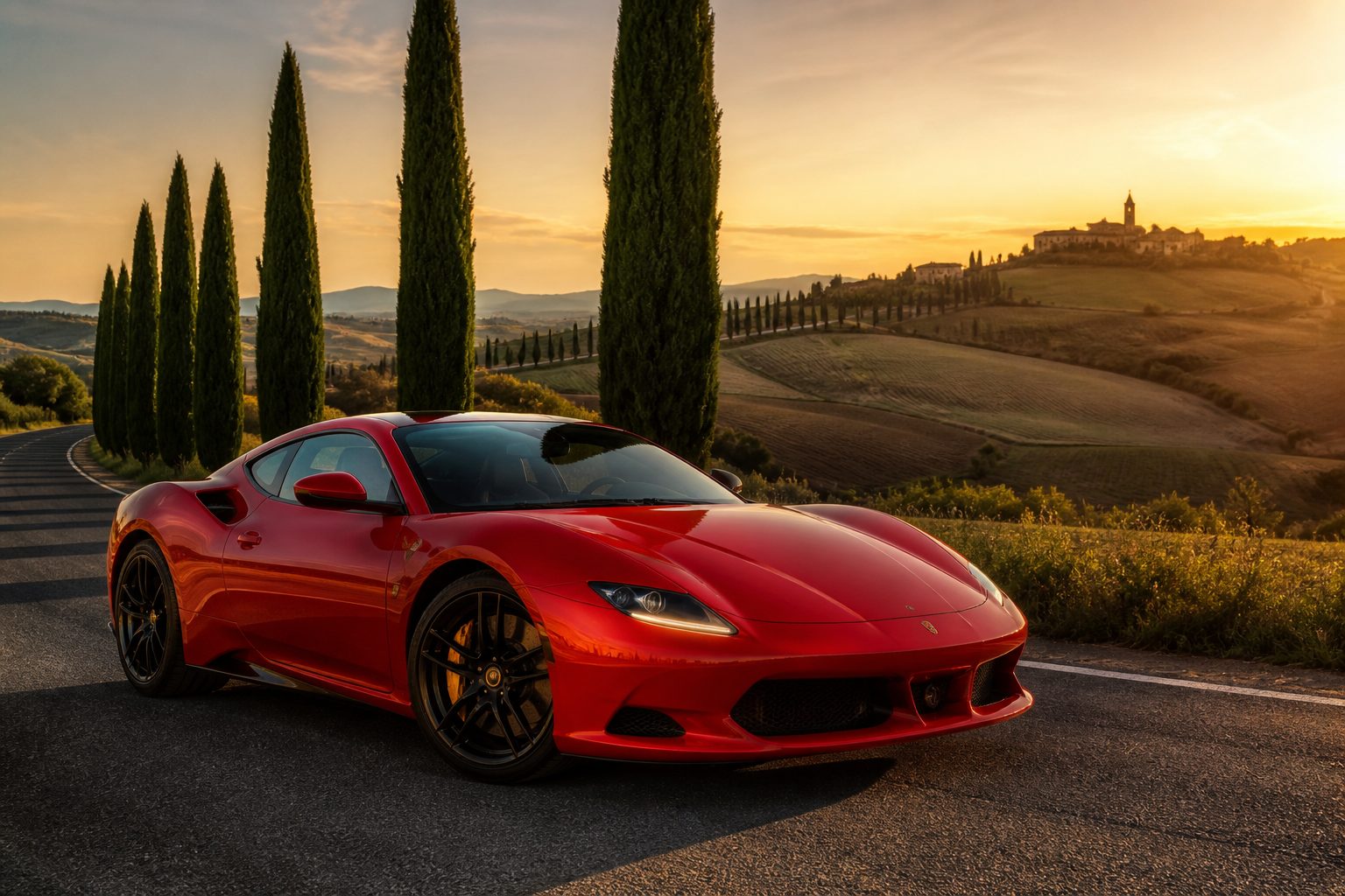 Coupé sportiva rossa su una strada toscana tra cipressi al tramonto