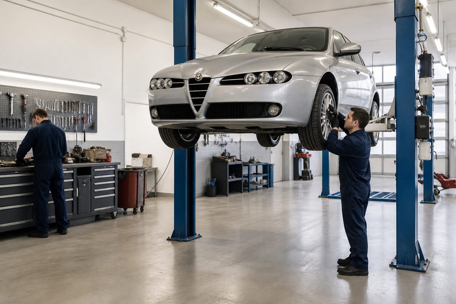 Interno dell’officina con vettura sul ponte elevatore