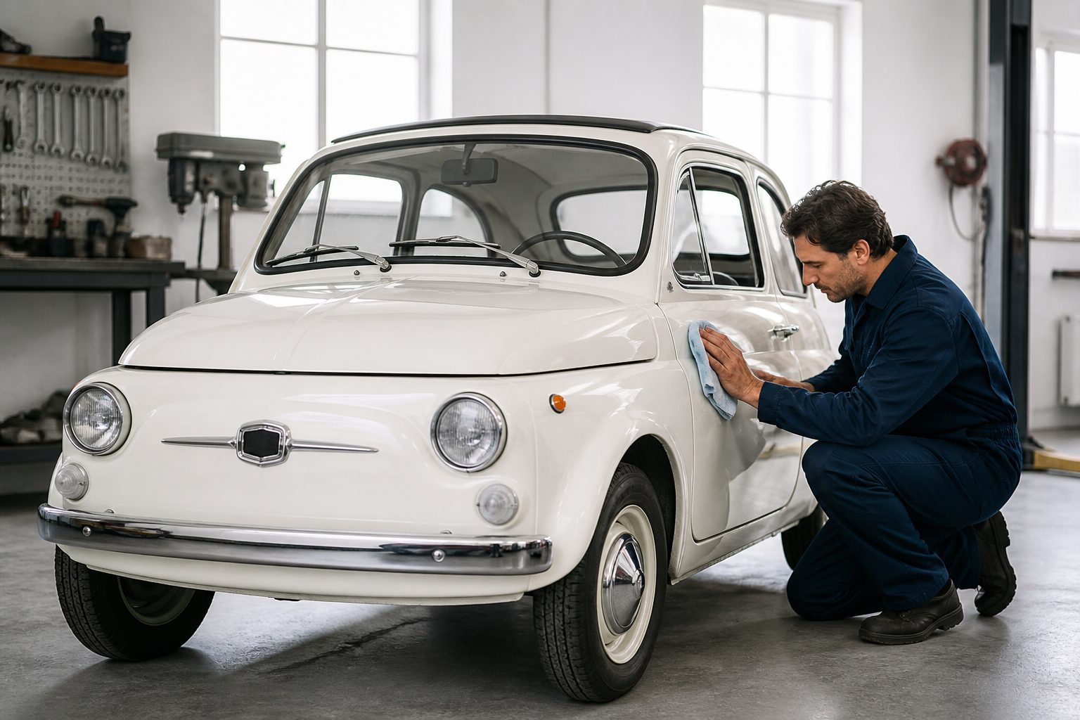 Restauro di una Fiat 500 color crema