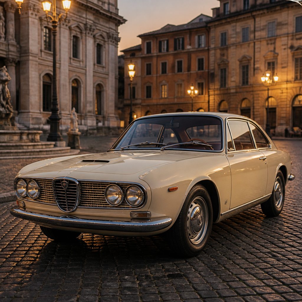 Vettura d’epoca su una piazza italiana al crepuscolo